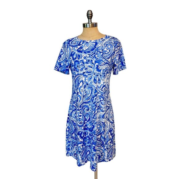 Barbara Gerwit Womens Blue & White Paisley Short Sleeve A-Line Dress Medium - Picture 1 of 5